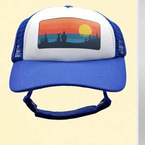 Blue Dog Trucker Hat with Sunset Design